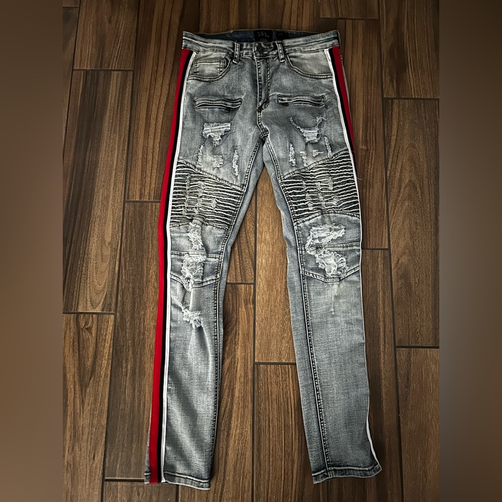 Blue and Red Ripped Jeans